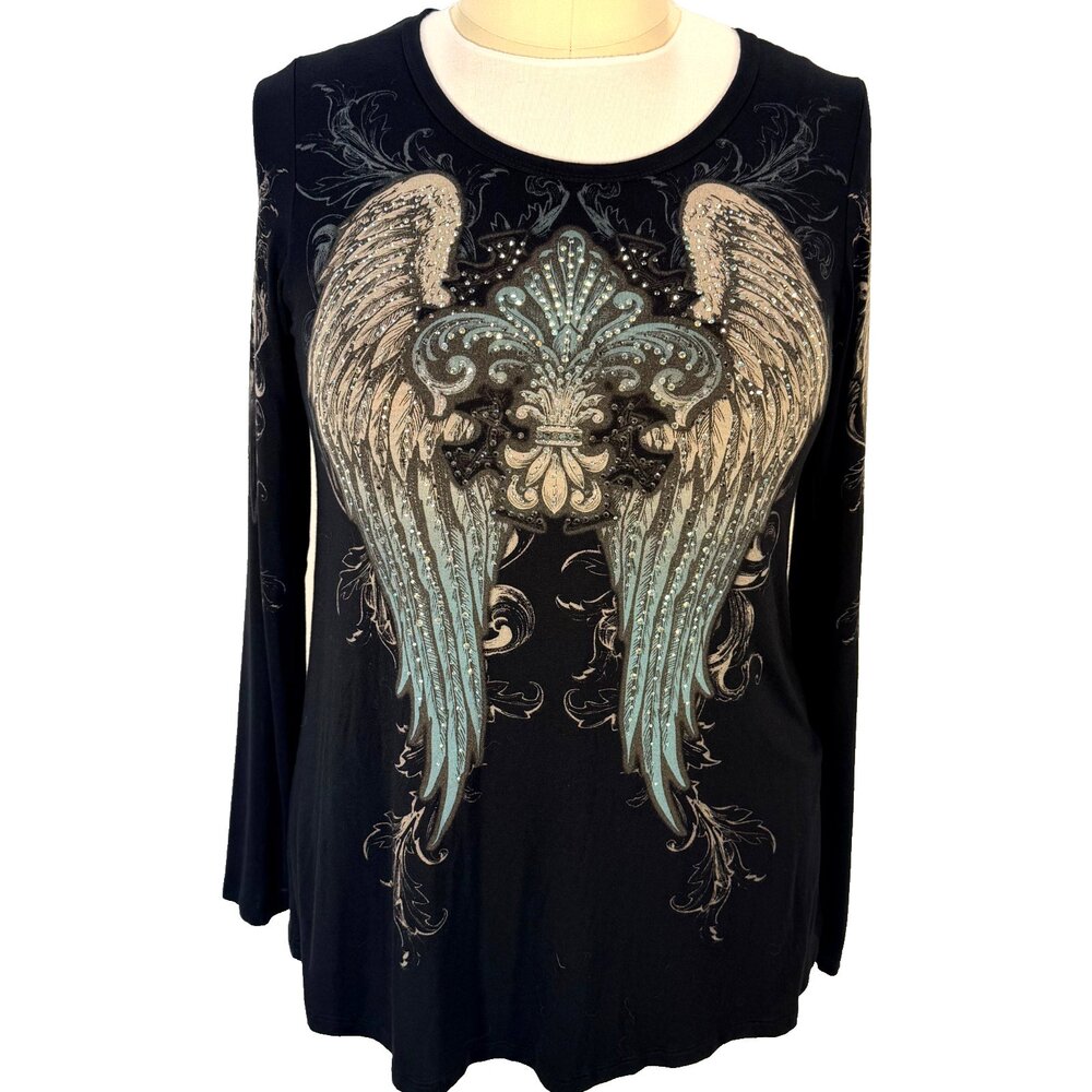 Vocal Long Sleeve Tee Shirt Womens L Fits to 1X Angel Wing Fleur-de-lis Beaded